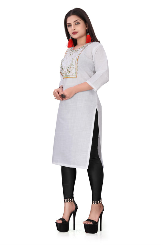 Atavia Elegant White Embroidered Cotton Slub Kurti – Festive & Casual Wear