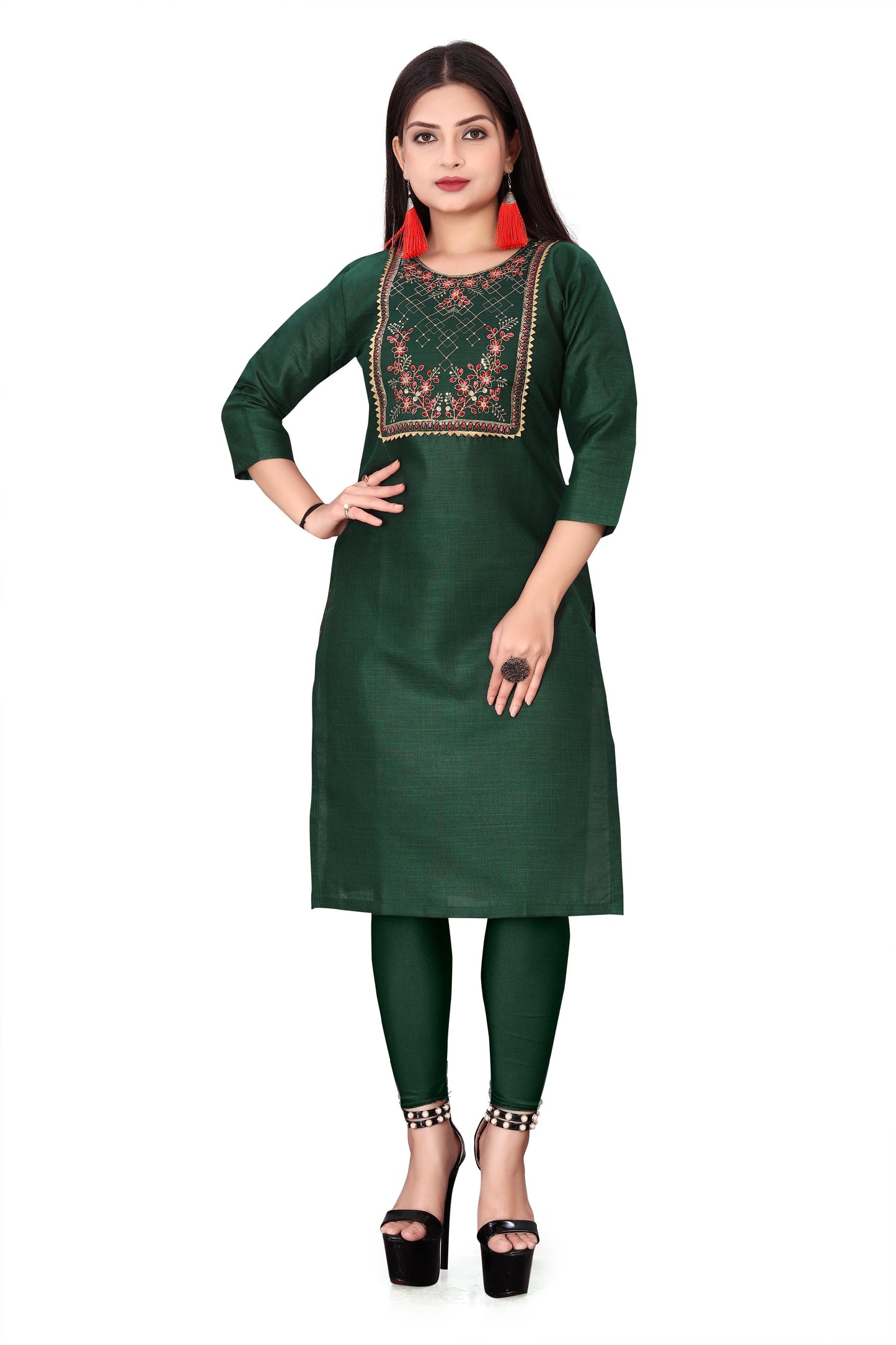 Atavia Graceful Women's Embroidered Cotton Slub Kurti – Green