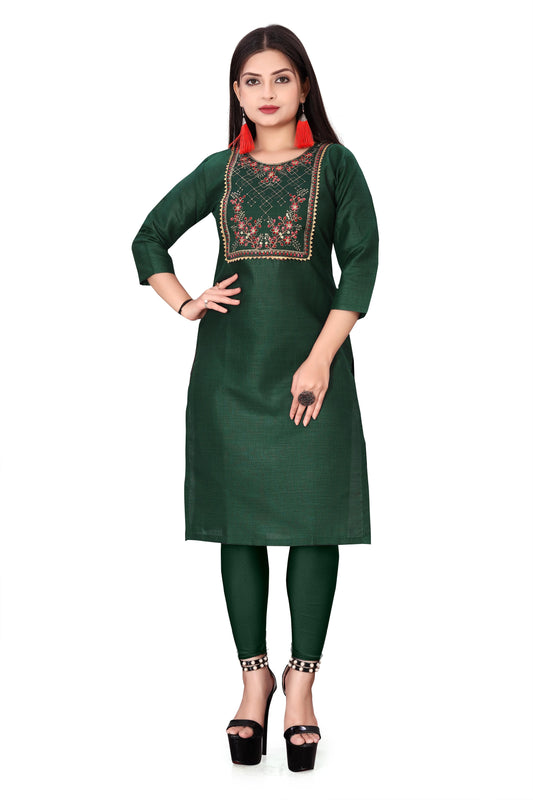 Atavia Graceful Women's Embroidered Cotton Slub Kurti – Green