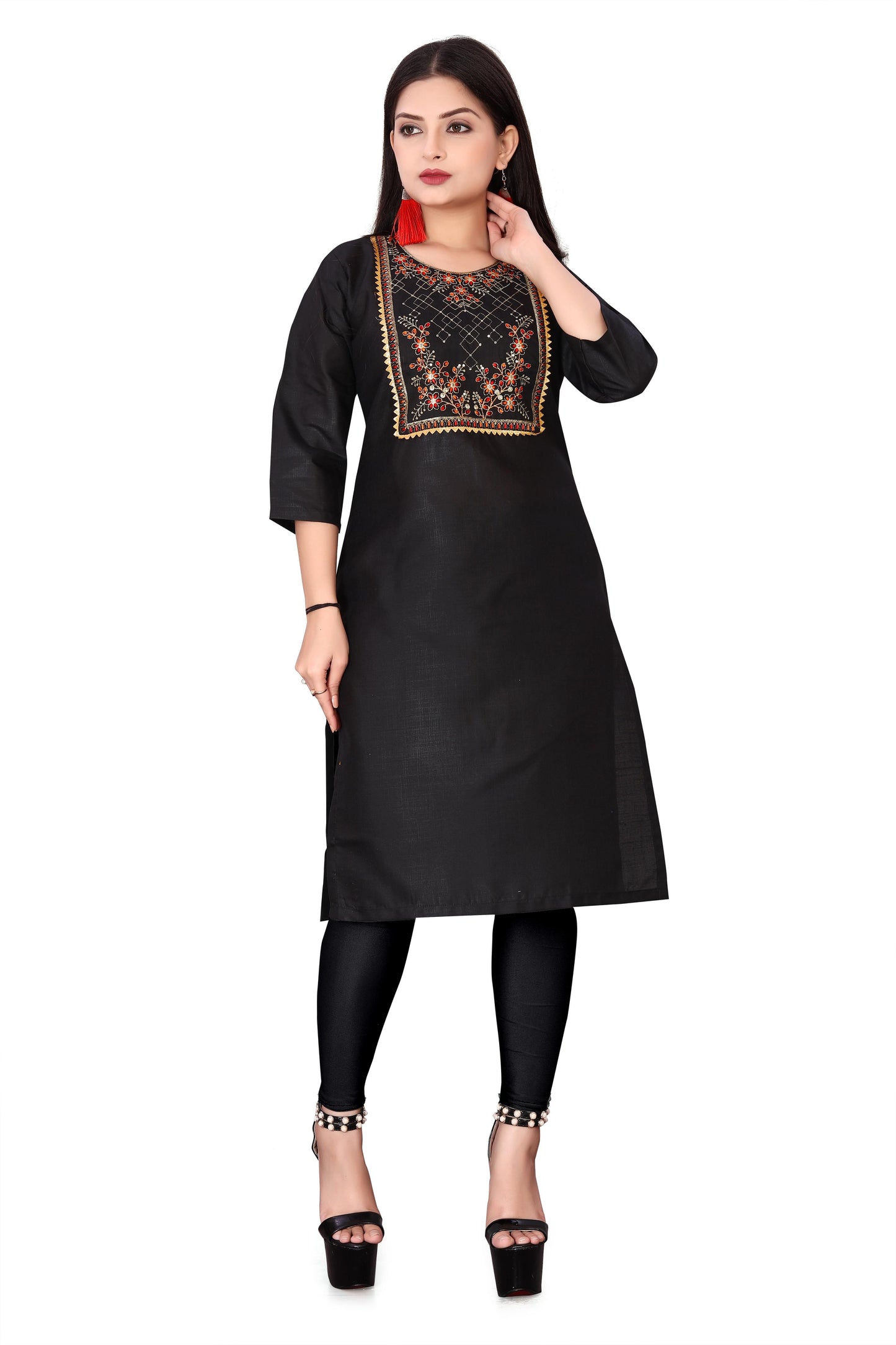 Atavia Elegant Black Embroidered Cotton Slub Kurti – Festive Wear