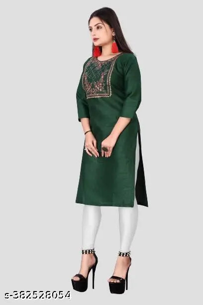 Atavia Graceful Women's Embroidered Cotton Slub Kurti – Green