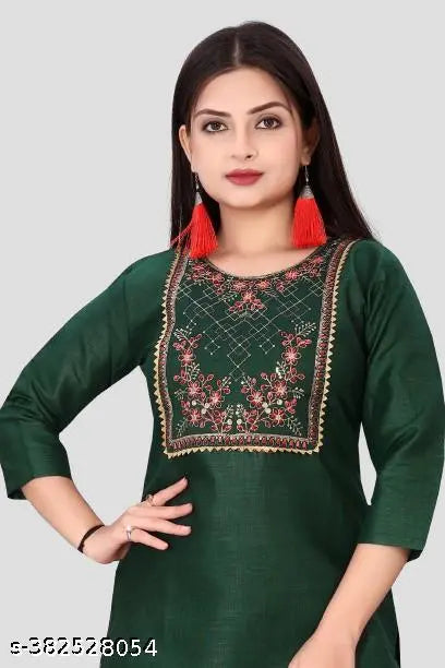 Atavia Graceful Women's Embroidered Cotton Slub Kurti – Green